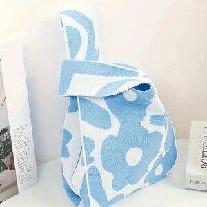 Boho Elegant Clouds Knitted Tote Bag, Geometric Cloud Pattern